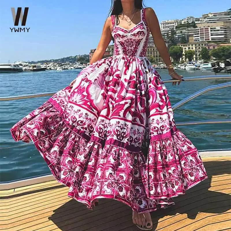 

Women Sexy Printed Suspender Dress Fashion V-neck Backless High Waist Large Swing Long Vestido Summer Female Chic Vacation Robes