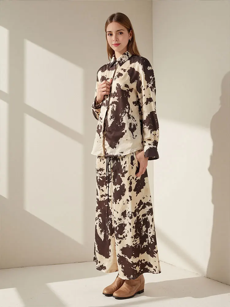 HH Women Vintage Print Blouse Skirts Sets Lapel Long Sleeve Shirts High Waist Slim Straight Midi Skirt Summer Lady Outfits