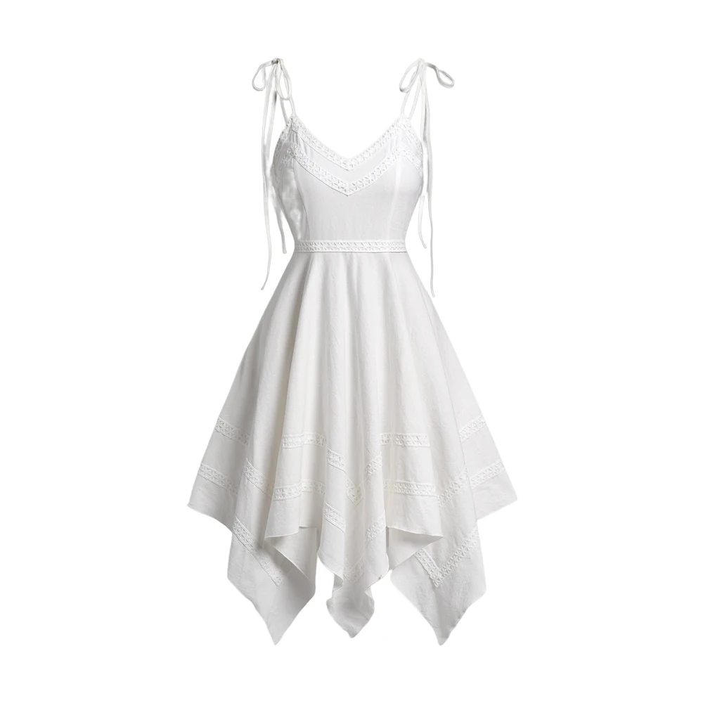 

Fashion Asymmetric Hem White Color Handkerchief Hem Tied Shoulder Dress Plain Color Sphighetti Strap Casual Vestido Feminino