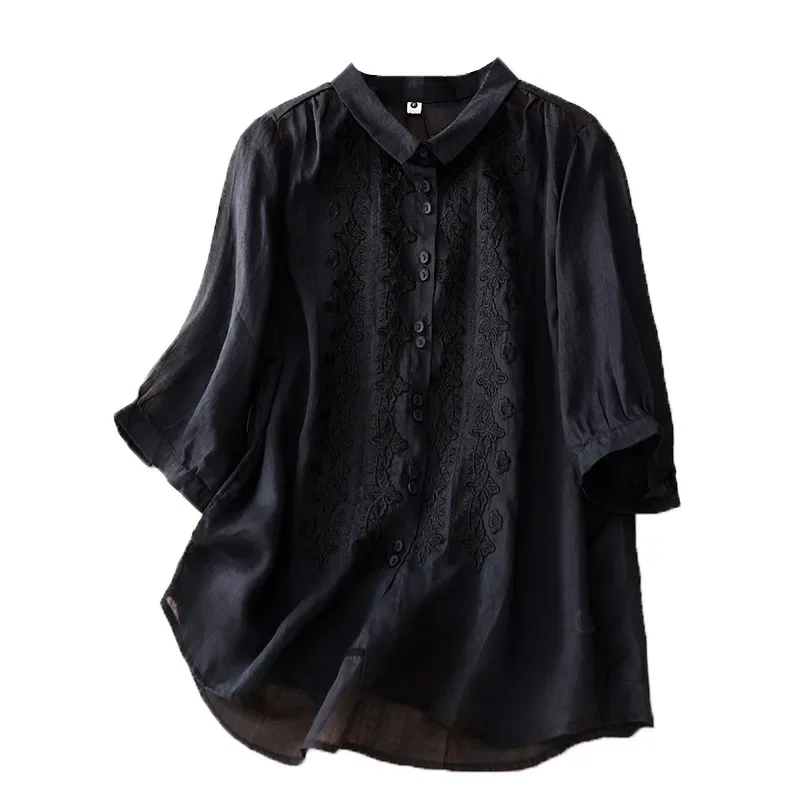 Chinese Style Embroidery Women's Shirt Summer Cotton Linen Vintage Blouses Loose Clothing Short Sleeve Women Top 2024 Korean