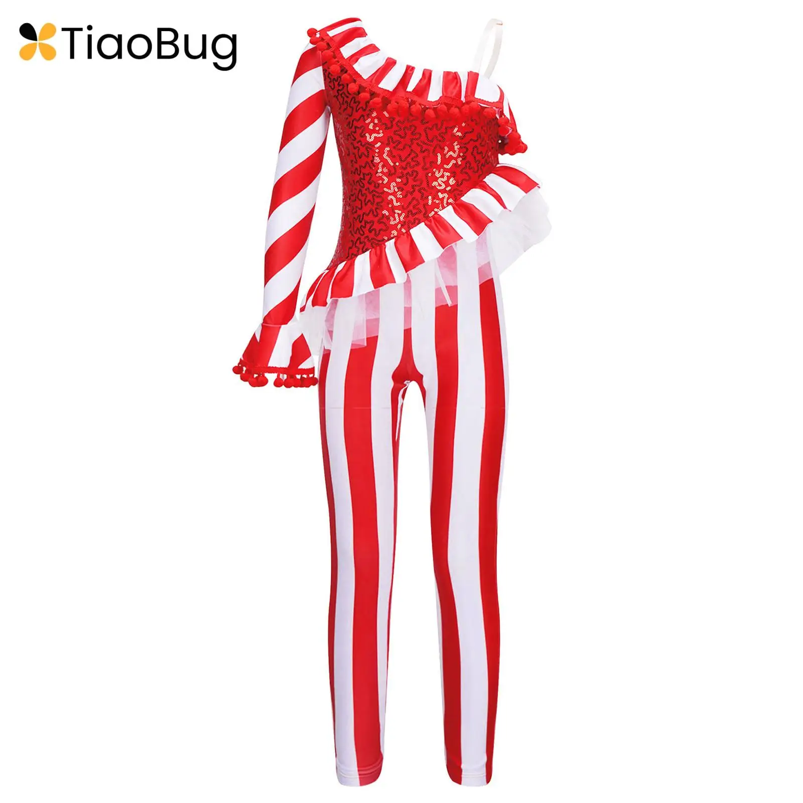 

Kids Girls Candy Cane Christmas Dance Costume Sequins Gymnastic Leotard One Shoulder Bodysuit Jumpsuit Xmas Santa Dancewear