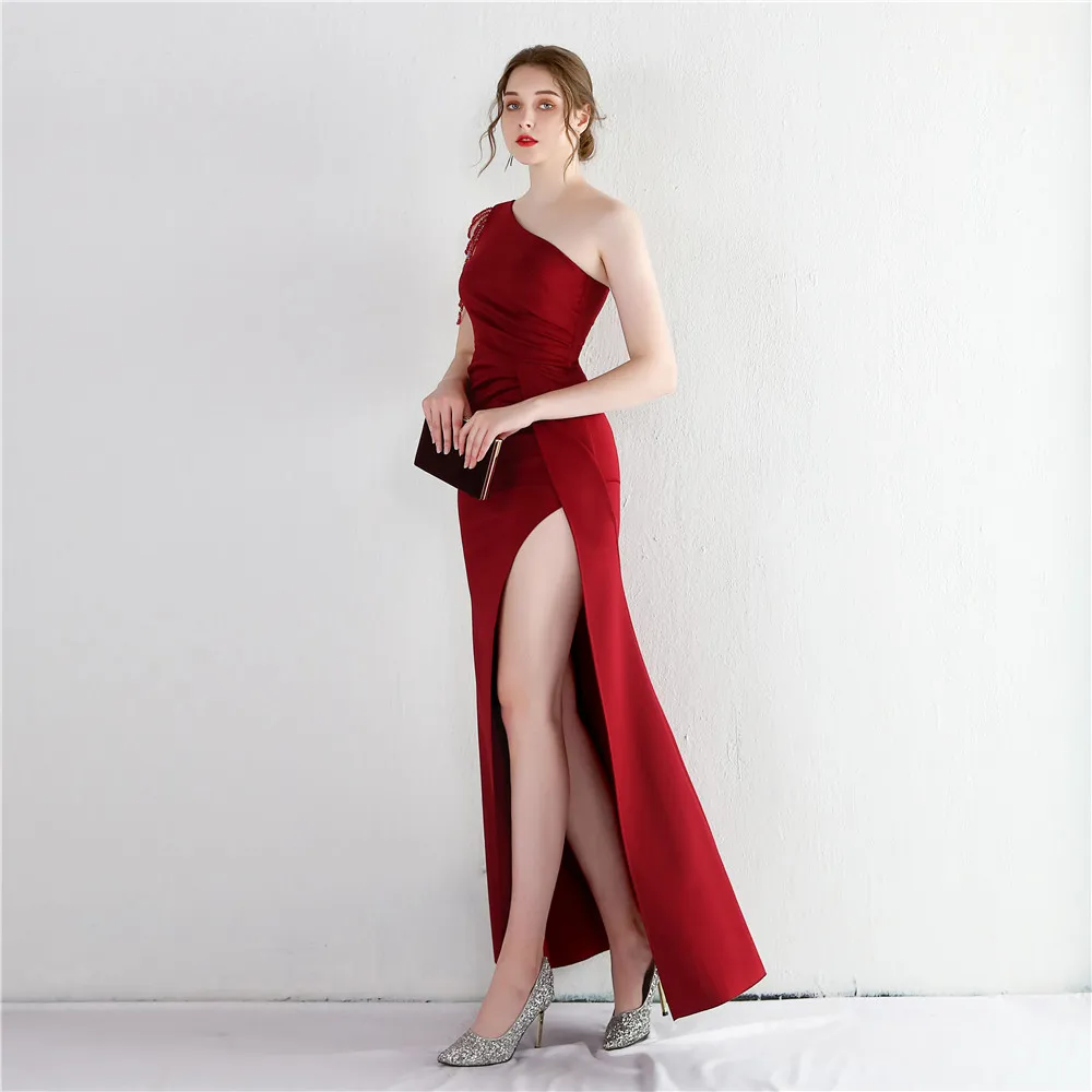 

New Satin Long Dress Women's One-Shoulder Slim Mermaid Skirt Solid Color Sleeveless Waist Dress Party Dinner Host Dress