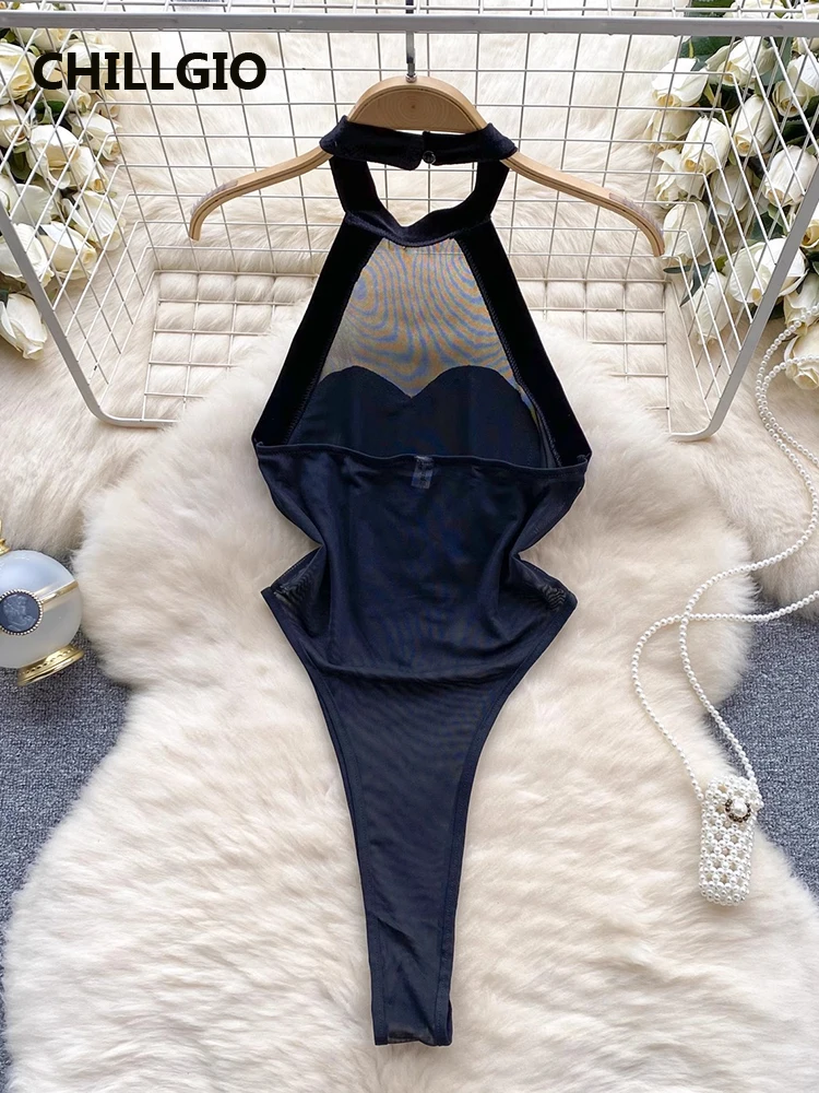 CHILLGIO Women Sexy Love Splicing Mesh Jumpsuit Summer
