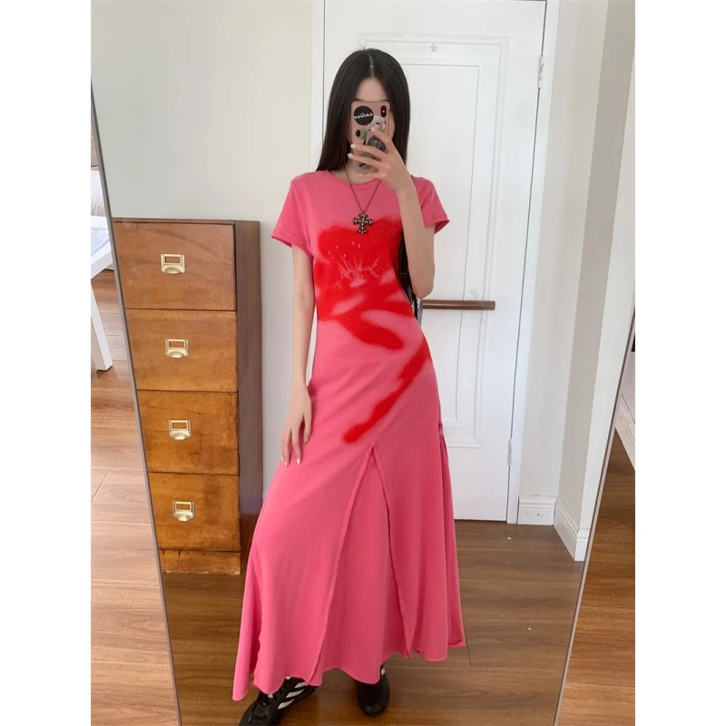 

2024 Summer NEW Rose Red Printing Women Academic Sleeveless Spicy Girl Style Short Solid A-line Skirt Elegant Ball Dress