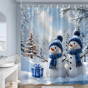 Cute Blue Snowman Christmas Shower Curtains Xmas Gift Winter Forest Cedar Nature Scenery Home Bathroom Decor Bath Curtain Set