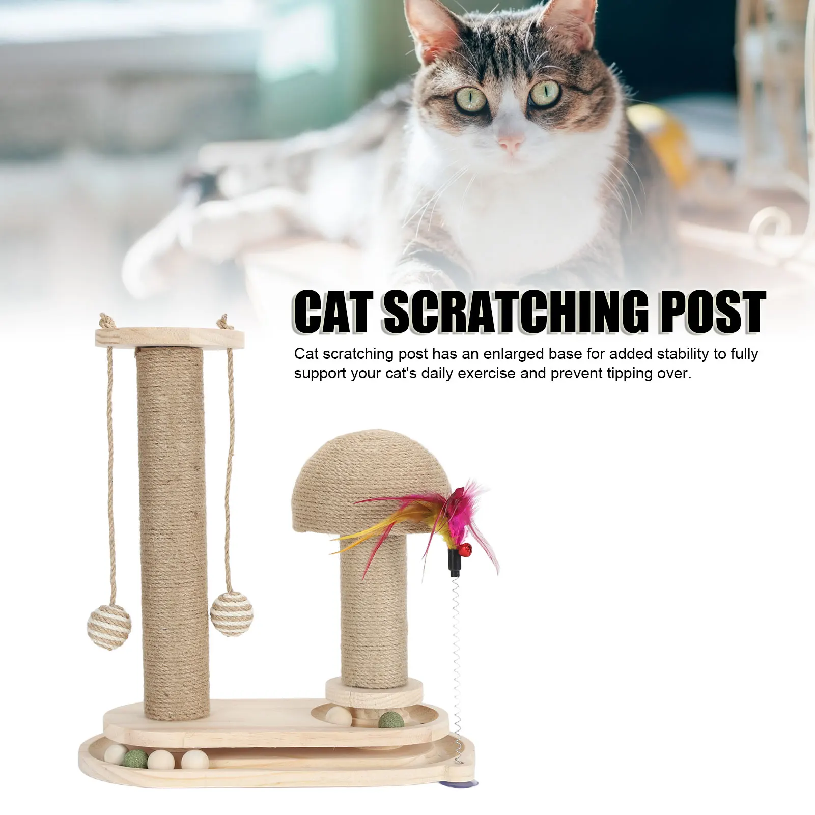 

Cat Scratching Post 2 Layer Ball Track Interactive Tall Kitten Scratcher With Teasing Wand For Indoor Cats Oval Turntable