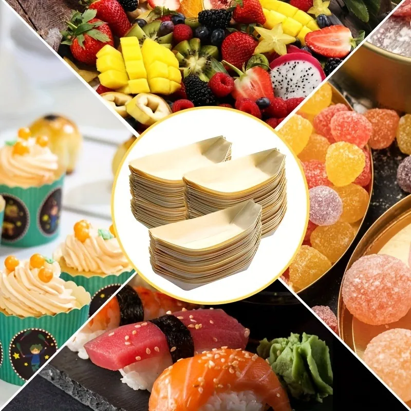 50pcs Environmentally Friendly Bamboo and Wood Boat Boards, Disposable, Compostable Pallets for Appetizers, Sushi Tableware