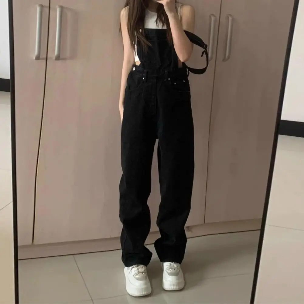 Women Jumpsuit Vintage Jumpsuit Loose Fit High Waist Straight Wide Leg Preppy Style Overalls with Pockets for Women Women Loose loose harem overalls cozy v neck jumpsuit with pockets for women loose fit solid color winter pajama with crotch ankle bands