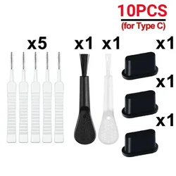 Universal Charging Port Dust Plug and Cleaning Kit with Cleaner Brush (Type C Set - 10pcs)