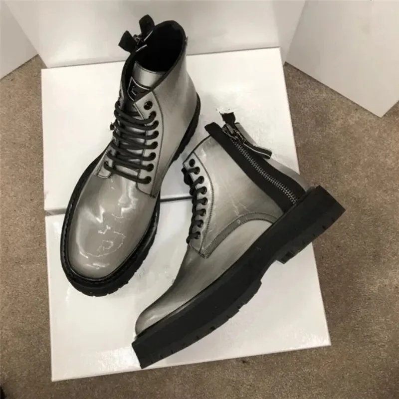 

Мужские ботинки из лакированной кожи, черные ботинки средней длины на толстой подошве, из натуральной воловьей кожи, 2024