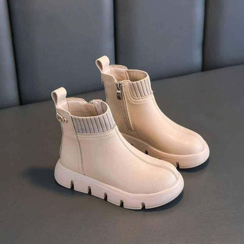 

Boots Girls' Soft Leather Boots Winter New Style Side Zipper Knitted Edge Foreign Princess Short Boots