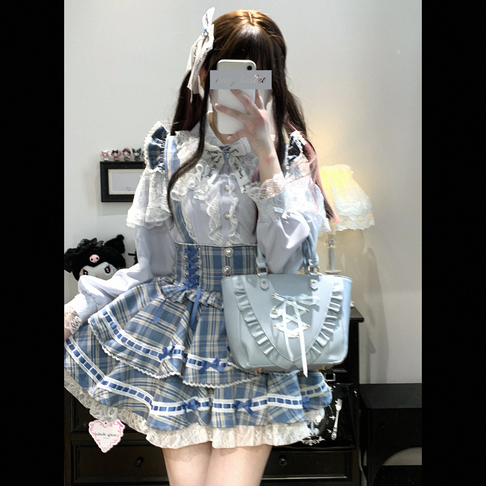 Japanese Mine Style Sweet Versatile Suspender Skirts Lace Splicing Flying Sleeve Bow Heart Button High Waist Plaid Skirt Women