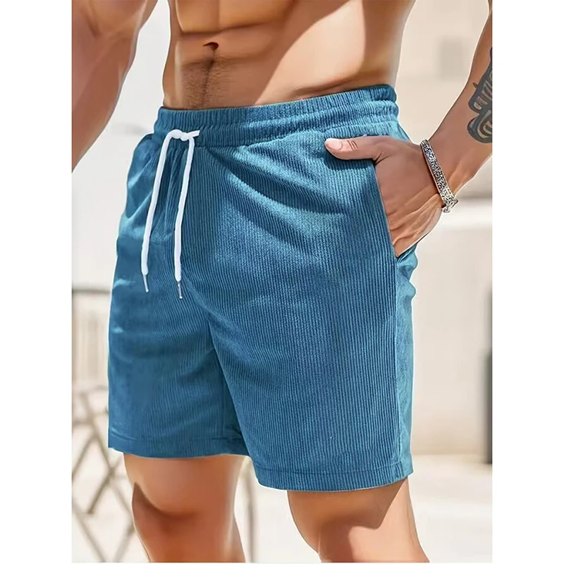 New Solid Colour Lace-Up Sweatpants Corduroy Simple Knee-length Shorts Men's Shorts Elastic Waisted Casual Summer Shorts
