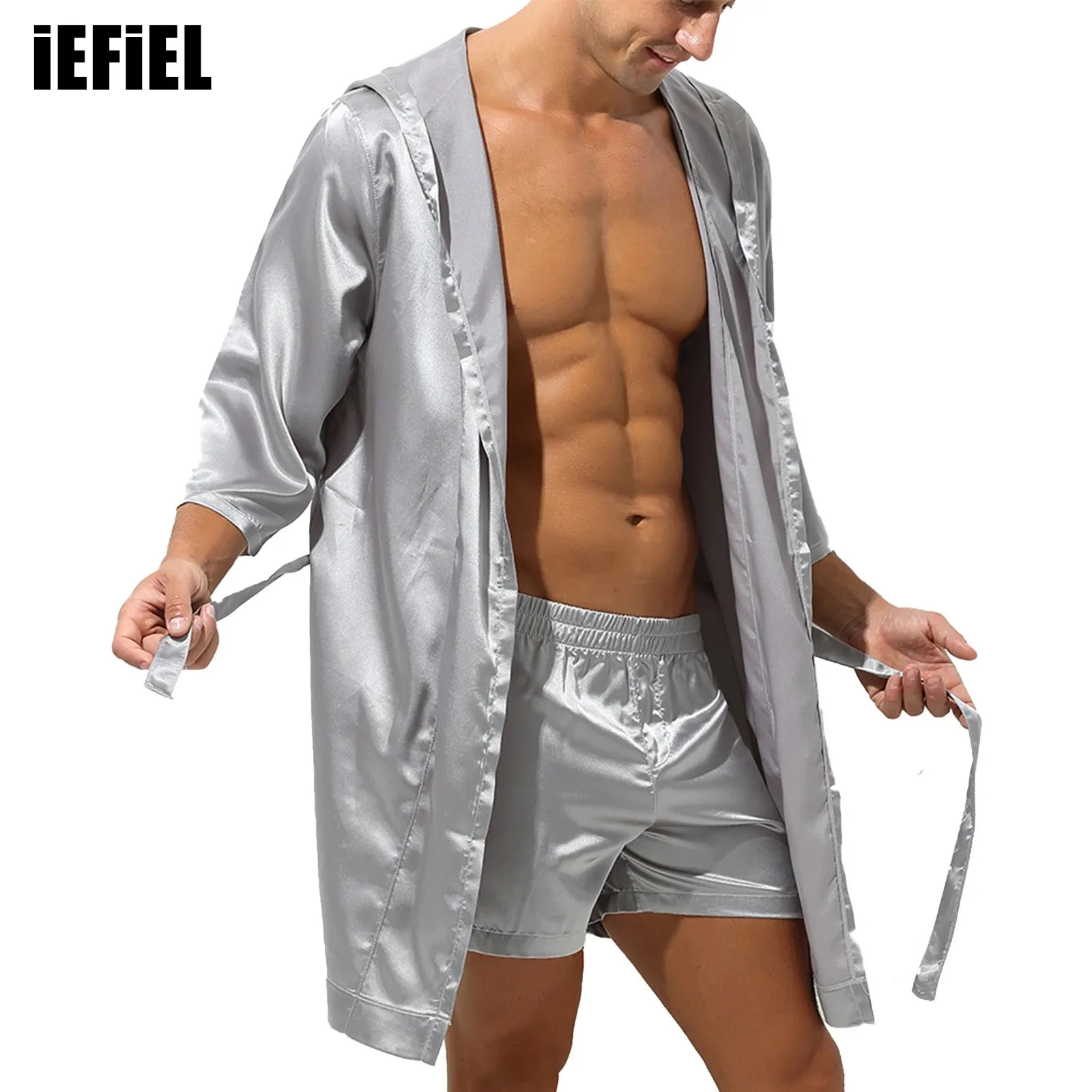 Mens Half Sleeve Sleepwear Set Hooded Open Front Belted Bathrobe with Elastic Waistband Shorts for Nightwear Loungewear women’s two piece fall outfits long sleeve open front blazer and belted shorts set