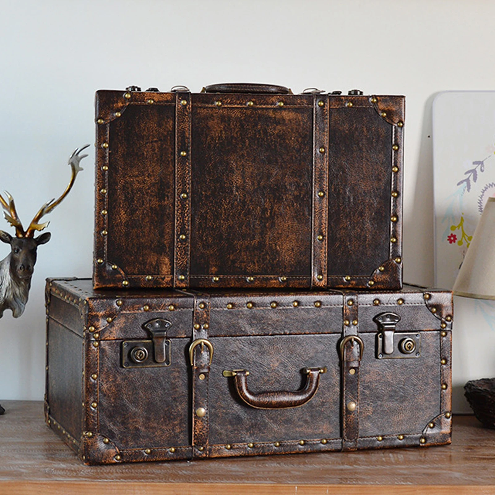 Valise rétro Boîte de rangement en bois Décoration de studio Fenêtre