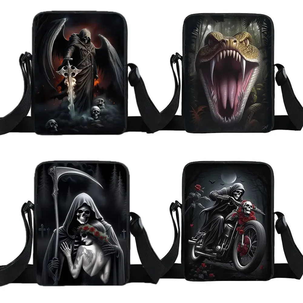 

Horror Punk Death Skull Rose Crossbody Bags Grim Reaper Wolf Dragon Shoulder Bags Women Men Messenger Bag Student BookBag