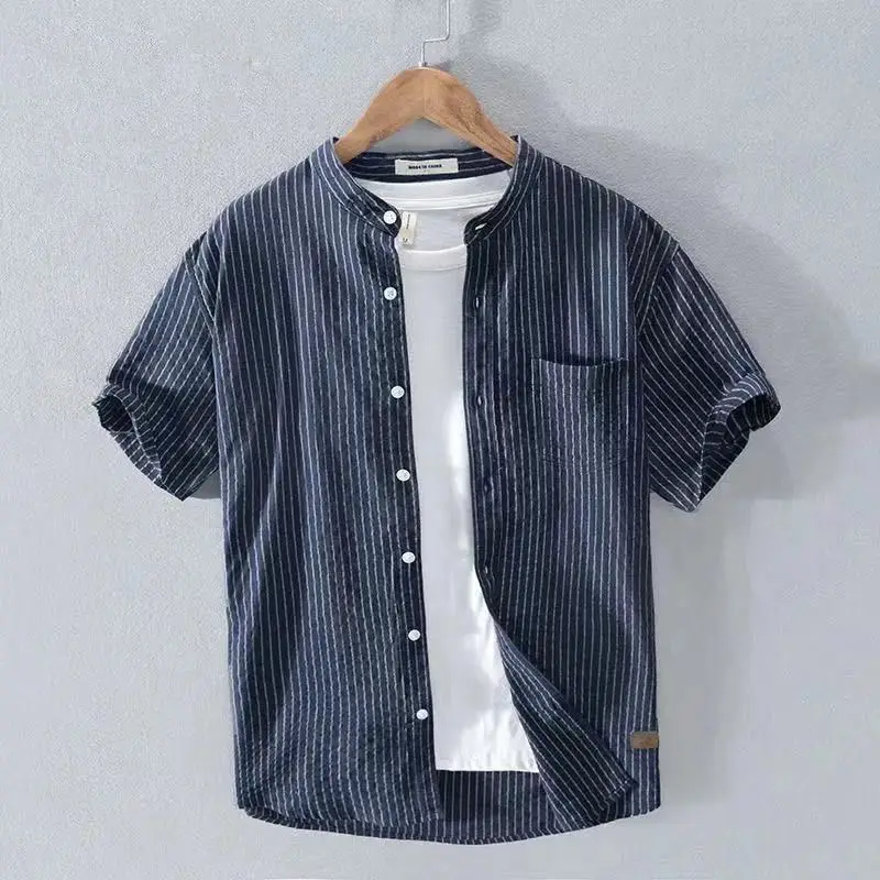 

2023 Summer New Mens Vintage Striped Shirt Japanese Fashion Casual Shirt Short Sleeve Shirts For Men Blusas Camisa Masculina