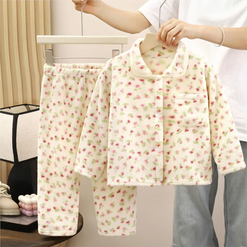 Winter Thicken Children's Sleep Wear Set Warm Home Clothes Flannel Pajamas for Boys And Girls 1-10Y