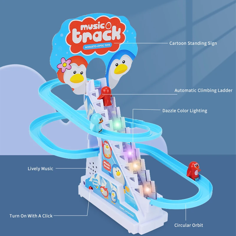 Electric Driving Toy Climbing Stairs Track Toys Electric Duck DIY Rail Racing Track Roller Coaster Toys Set Light Music Educational Toy For Kids Gift