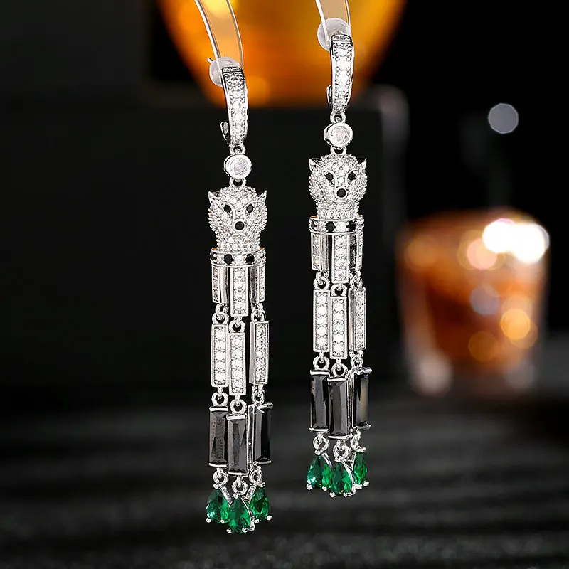 

Bilincolor European and American Fashion Exaggerate Long Zircon Tassel Leopard Earrings