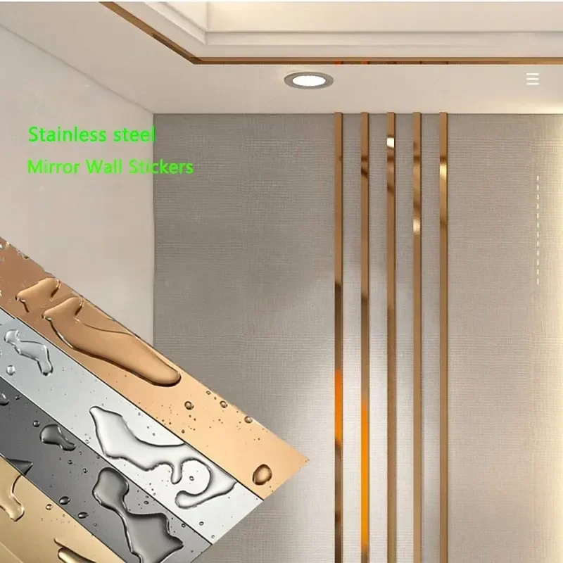 Wall Sticker 1 Roll Gold Stainless Steel Flat Decorative Lines Titanium Wall Ceiling Edge Strip Mirror Living Room Decoration