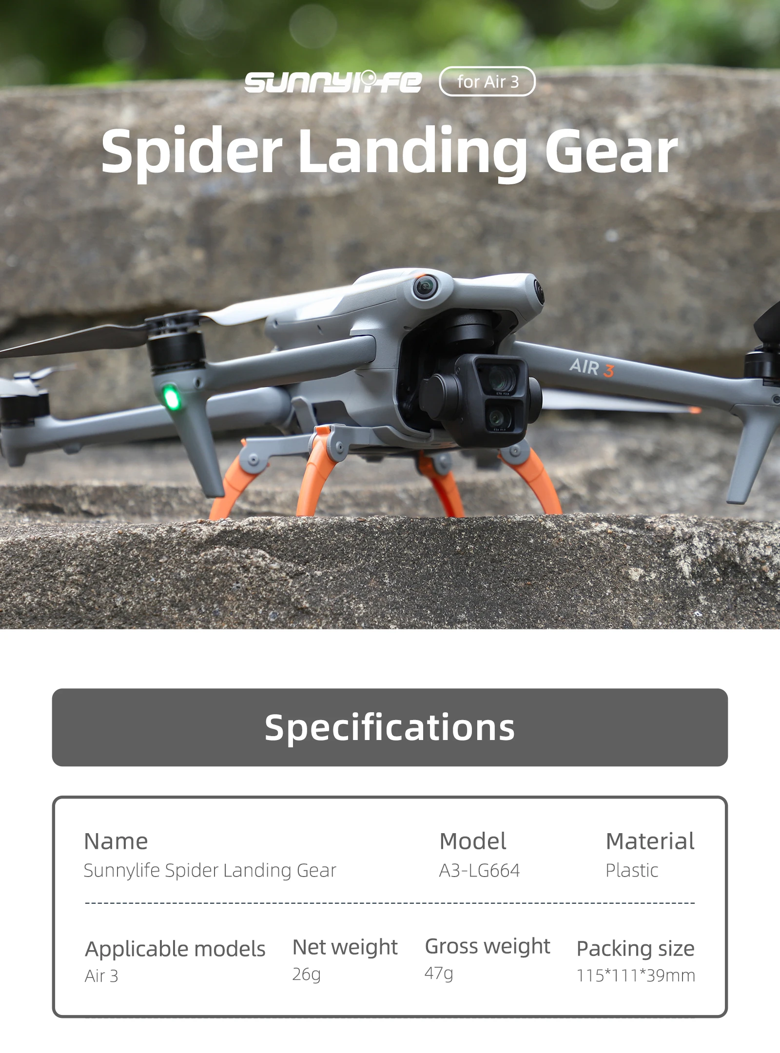 Description Picture 2 of itemSunnylife accesorios for DJI AIR 3S AIR 3 Landing Gear Spider Propeller Holder Silicone Propeller Strap Protector