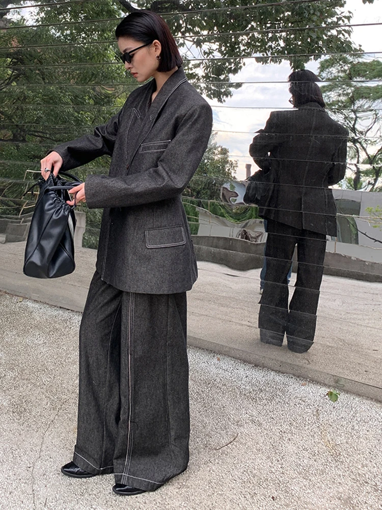 BJTZ Big Size Black Denim Jacket Wide Leg Pants Two Piece Suit New Lapel Long Sleeve Women Fashion Spring Autumn 2024 5