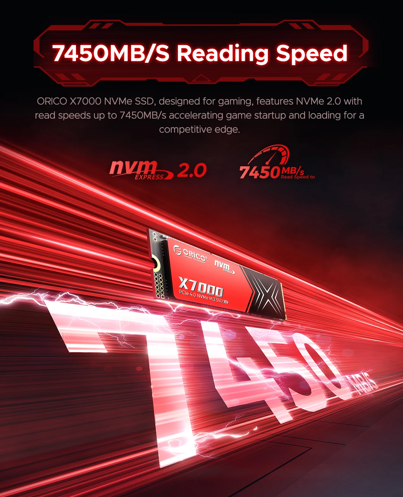 ORICO M.2 NVMe SSD 2280 PCIe 4.0X4 محرك أقراص الحالة الصلبة الداخلي SSD للاعبين والمبدعين الألعاب PS5 SSD PCIe 4.0 حتى 7450 ميجابايت/ثانية