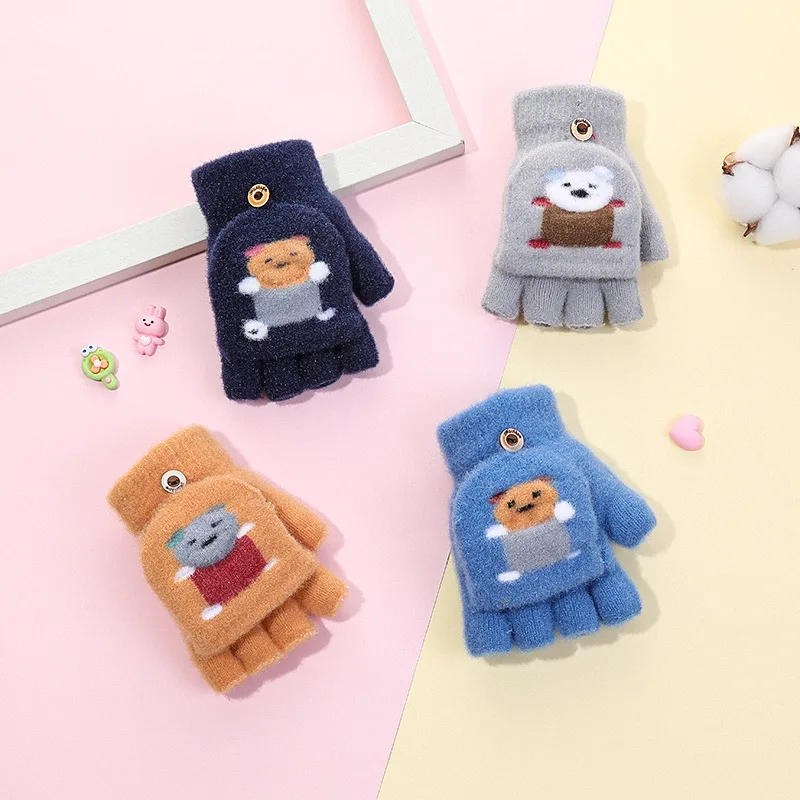 

Children's warm winter gloves with fleece flap half finger knitted cute cartoon for boys and girls baby 3-6 years old