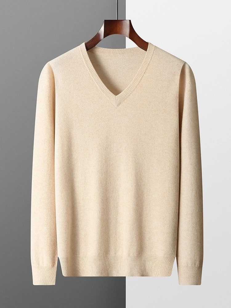 MVLYFLRT New Merino Wool Sweater Men's V-neck Pullover Top 2023 Autumn Winter Knitted Casual Loose 100% Pure Wool Jacket 4
