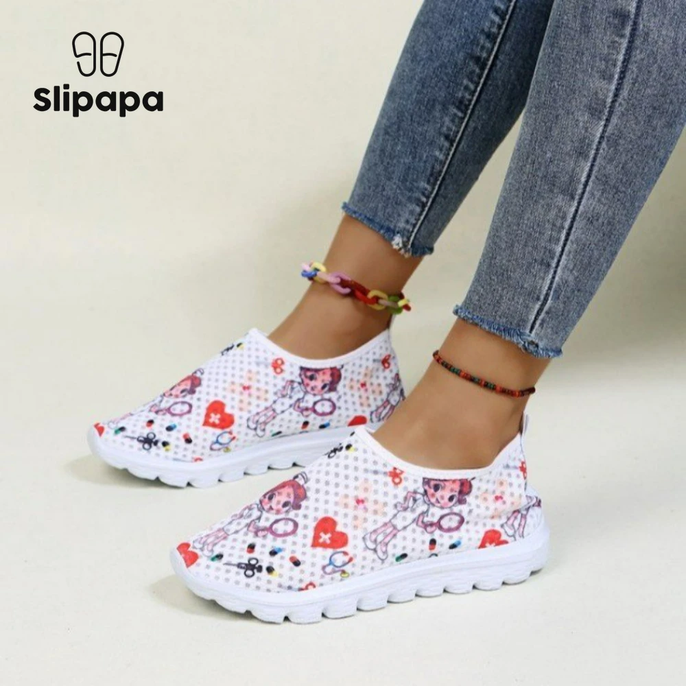 

Women Shoes Lightweight Nurse Shoes Cartoon Print Casual Sneakers Non-Slip Soft Bottom Sports Shoes Mesh Breathable Flats Shoes