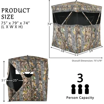 3 Person Pop up Ground Blind, Portable Hunting Blind with Mesh Windows, Carrying Bag & Ground Stakes, with Hub System 4