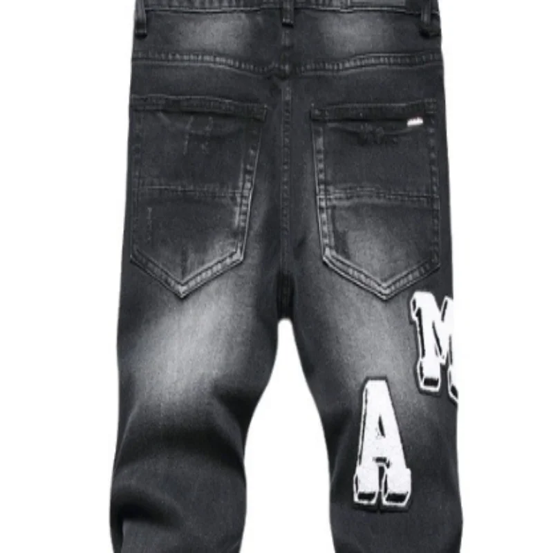 Men's Retro Black Jeans Ripped Holes Trendy Stretch Slim Fit Fashionable Pants Versatile men's pants ripped jeans ripped patchwork jeans