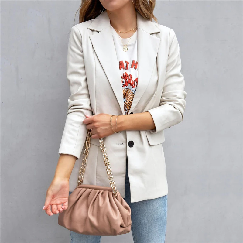 2023 Autumn Women Vintage PU Leather Long Sleeve Elegant Fashion Blazers Female Korean Casual Streetwear Solid Tunic Suit Coats