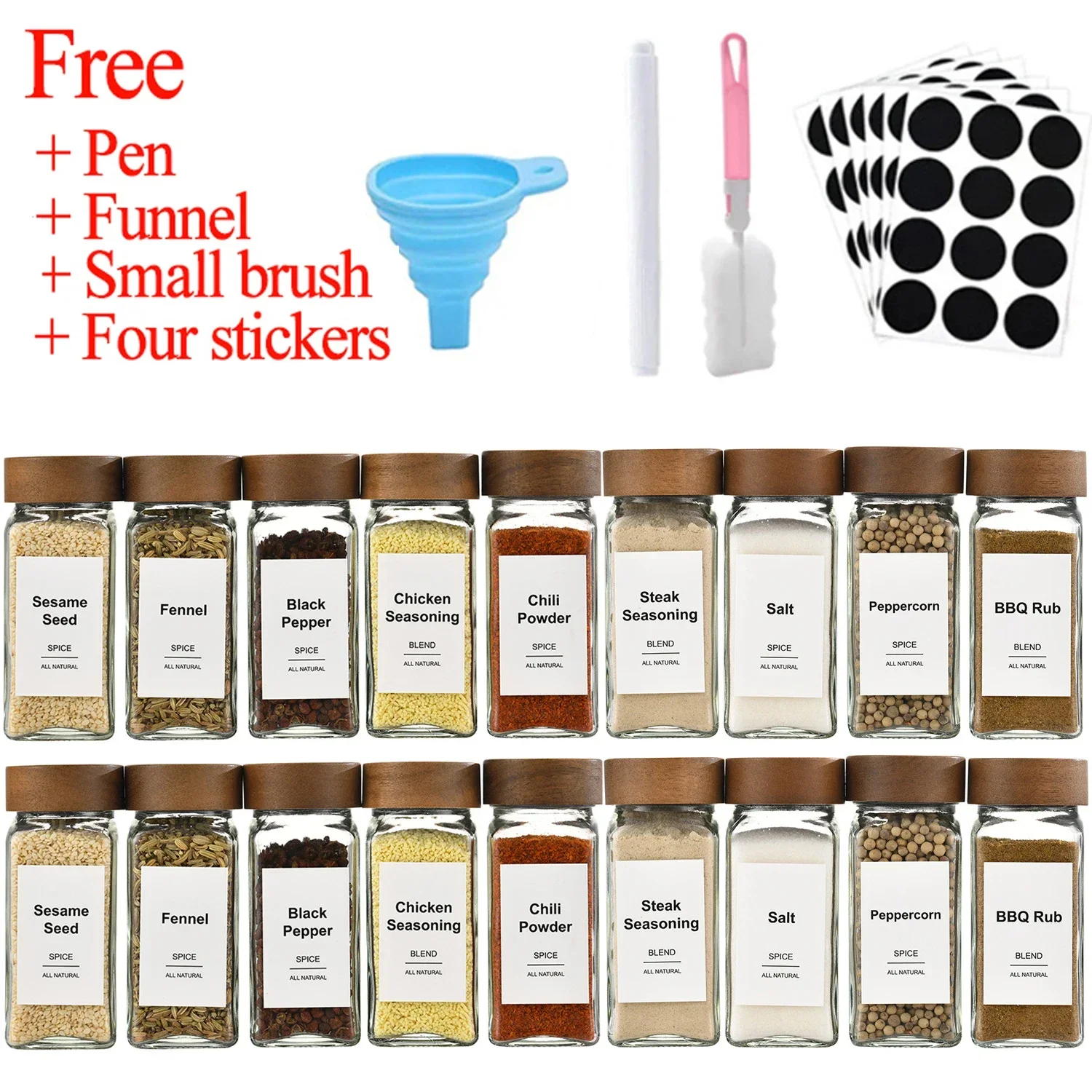 Seasoning Jar Salt Shaker Spices Bottle 3-12pcs Wood Cover Glass Spice Jars