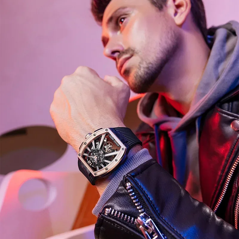 BONEST GATTI watch men's wine barrel shaped fully automatic hollow mechanical watch carbon fiber sports
