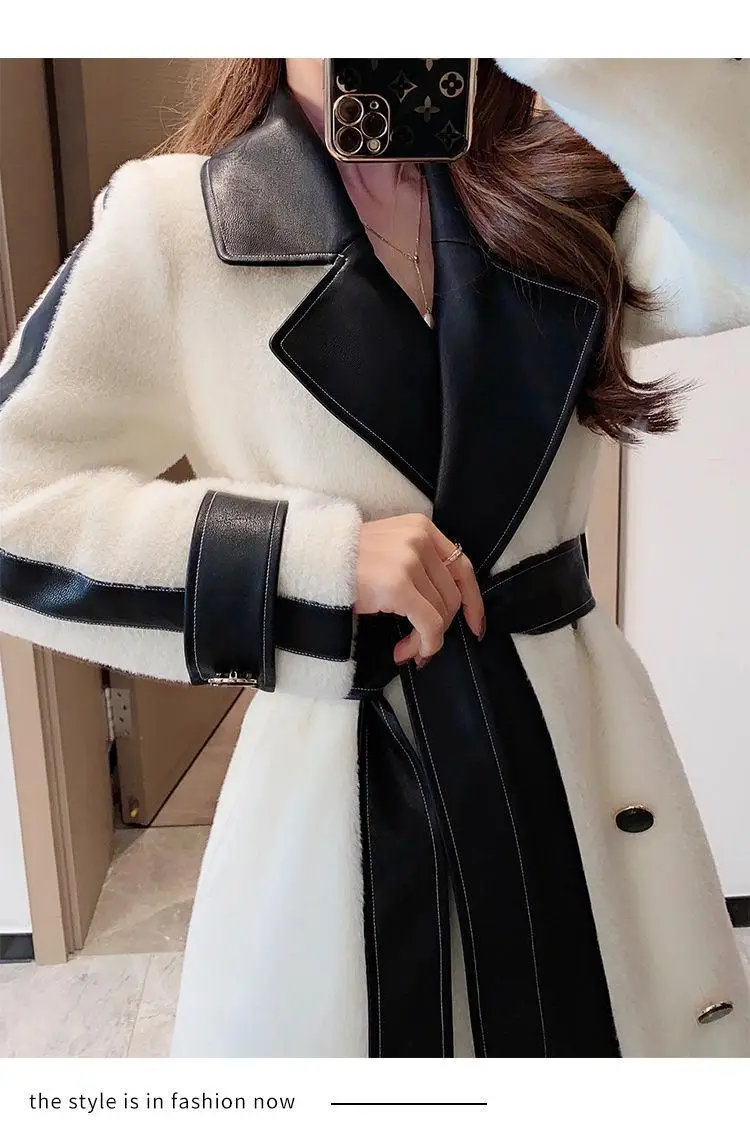 Autumn Winter Chic Woolen Coat Women Patchwork Long Jackets with Belt Lapel Korean Fashion Female Outerwear New Soft Overcoat