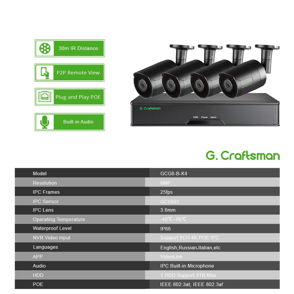 Security Camera Kit System CCTV 6MP POE IP AI Person Vehicle Detection Audio Surveillance Video VideoLink G.Craftsman security camera