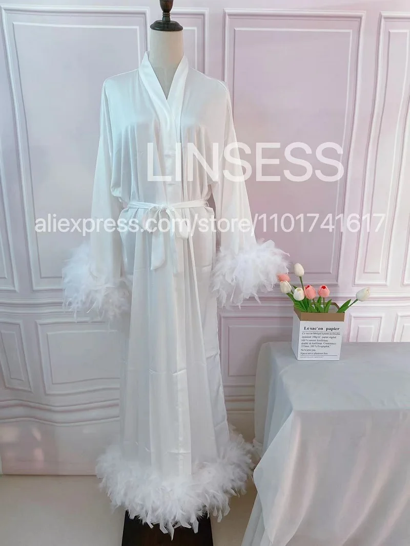 Floor Length Maxi Dressing Gown Robes Long Bridal Robe with Feathers  Boudoir Bridesmaid Gifts Satin Feather Trim Bride Kimono - AliExpress  200574005