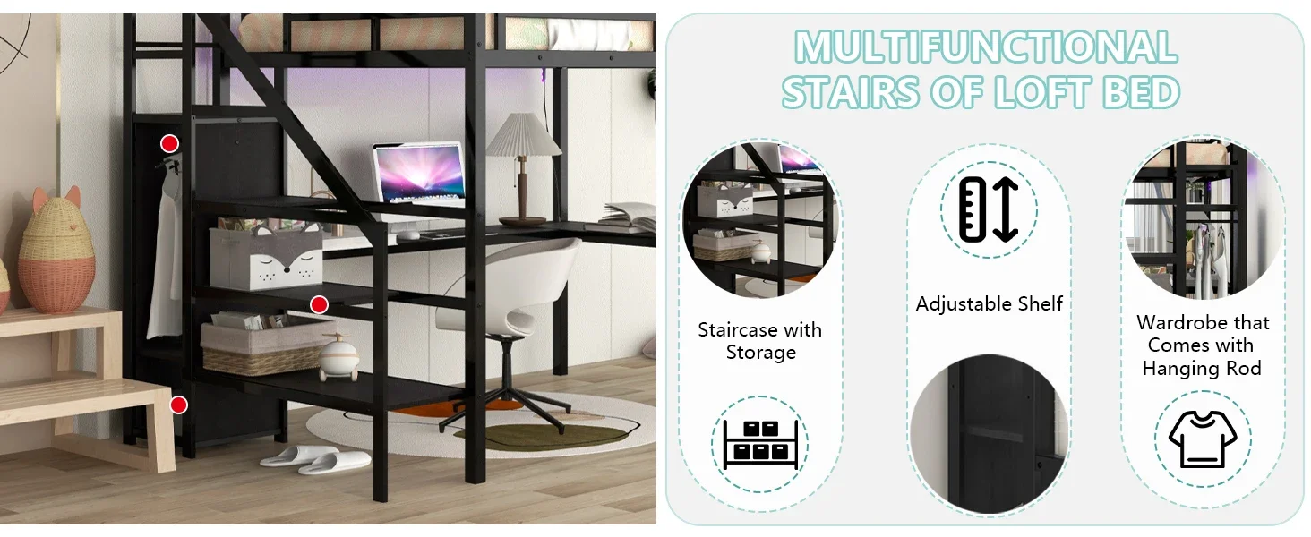 Led Loft Bed for Kids, Teens, Adults, Black Loft Bed Full Size