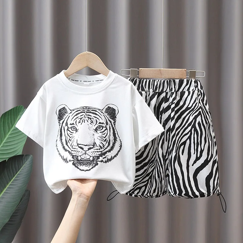 

Summer Cotton Baby Boys Tiger Print Top T-Shirt + Zebra Drawstring Short Pants Sets Kids 2-Piece Outfits Clothing 1-12 Years