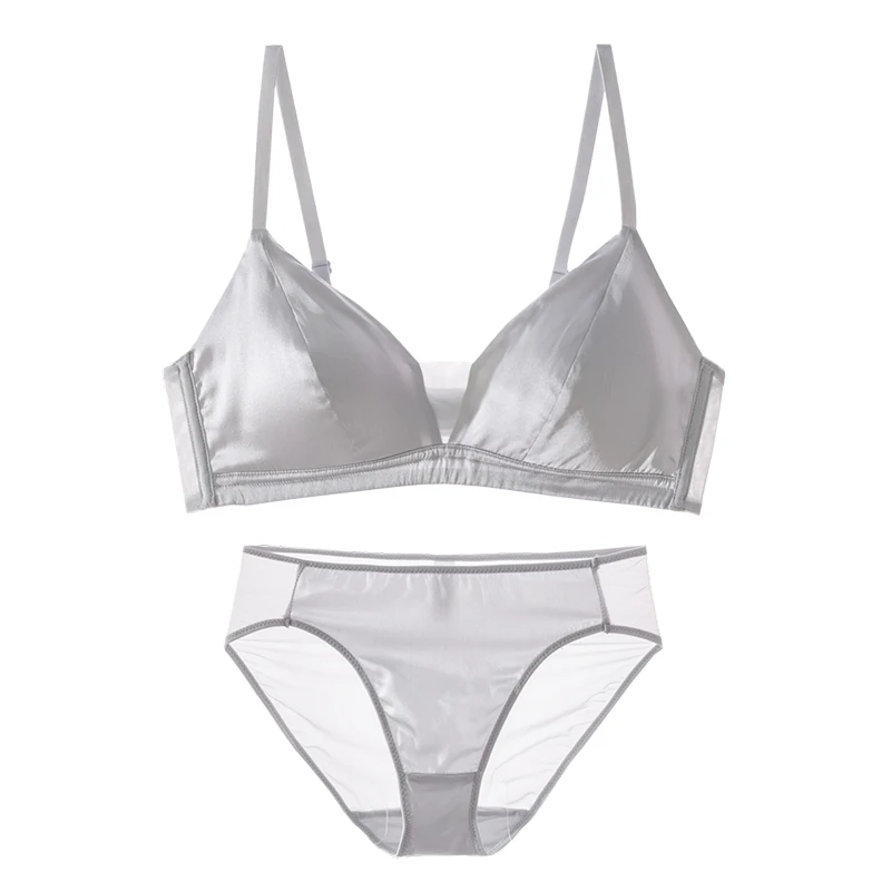 SuyaDream Women Silk Bra Set 93%Silk 7%Spandex Thin Mold Cup Wire Free Underwears 2023 Comfortable Intimates Silver Pink