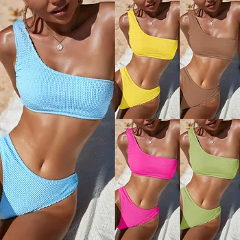 One Shoulder Bikini Textured Swimwear High Cut Swimsuit Solid Bathing Suit Women Brazilian 2025 Fashion