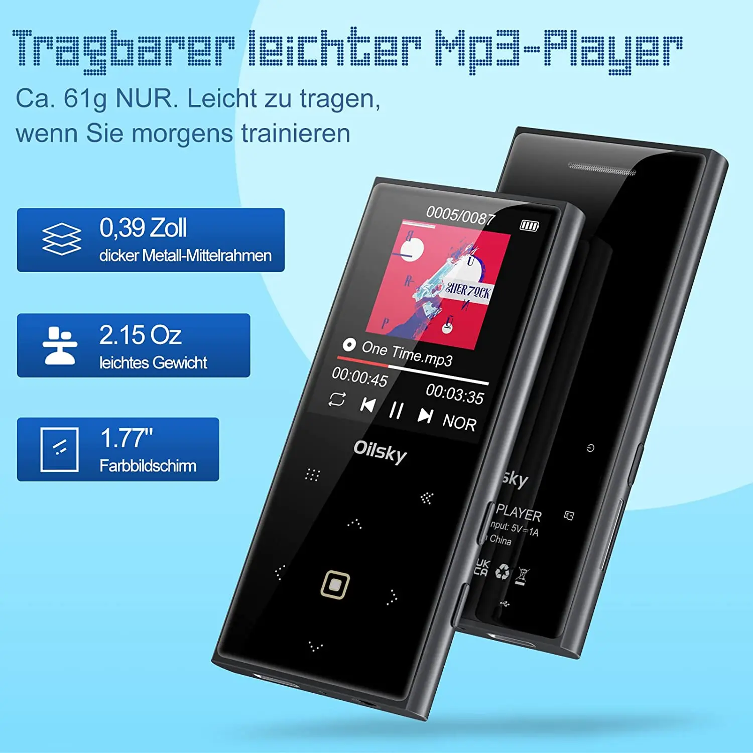 64GB MP3 Player, Bluetooth 5.0, Oilsky Portable Digital Lossless Music Player, Built-in Speakers, Touch Button, Up to 128GB