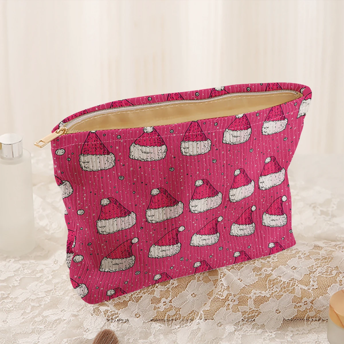 1 Christmas themed corduroy makeup bag, lightweight zipper makeup storage box, multifunctional bag with lining
