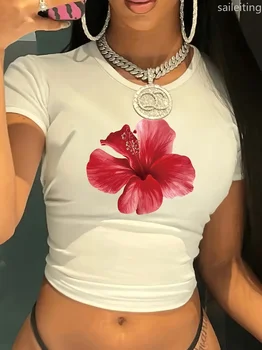Women's Floral Print Crop Casual Round Neck Short Sleeve Summer Top with Red Hibiscus Flower Design Harajuku Short Sleeve Casual 1