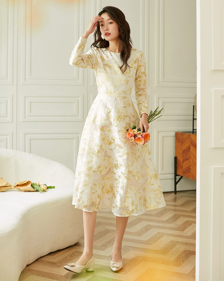 最終値下げ！【即完売品！】Bloom-Sleeve Jacquard Dress Full Bloom Jacquard Dress, Pink - SALE - The Blue Door Boutique