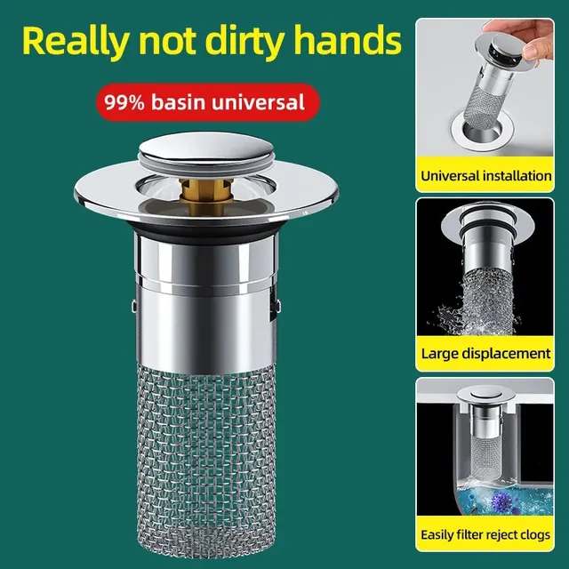 1PCS Washbasin Leak Plug, Stainless Steel Odor Proof Bouncing Core, Press Type Sink Drain, Universal Accessory for Washbasin 2