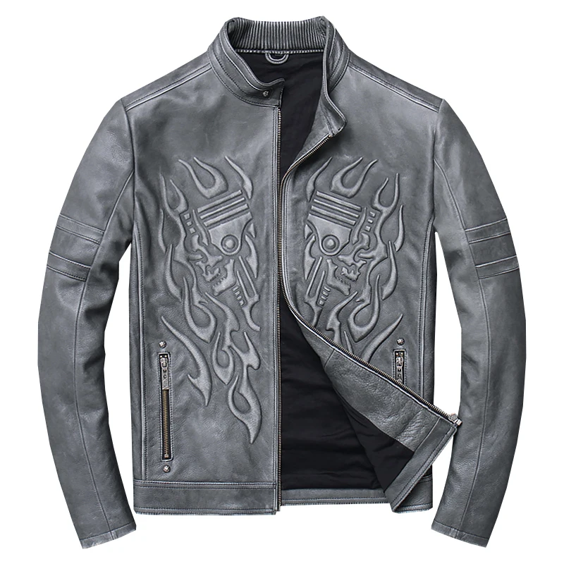 2021 Top Quality Genuine Leather Gray Jackets for Men Vintage Classic Thick Cow Leather Warm Coat images - 6