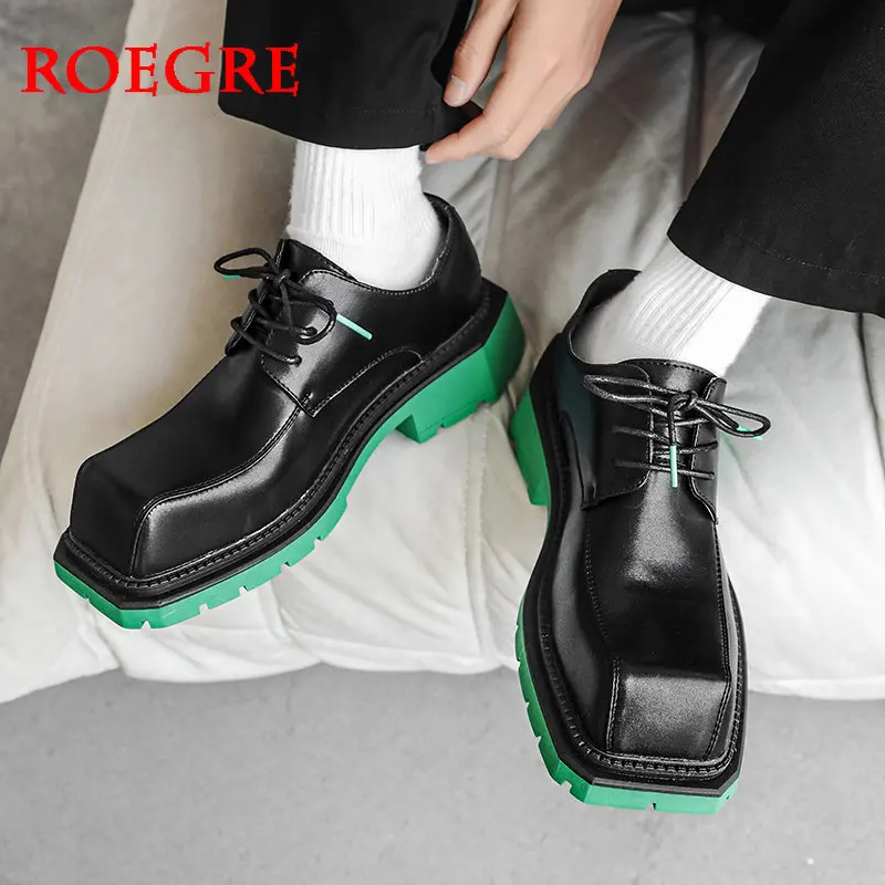 

New British Wind Thick Bottom Leather Shoes Men's Casual Green Bottom Square Head Derby Shoes Increase Height Big Cocked Shoes